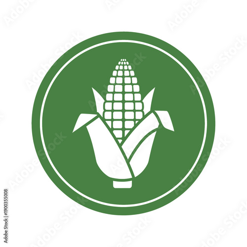 Centered green circle illustration showcasing a white ear of corn graphic with husk and kernels against clean white background