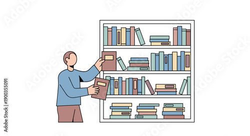 Man Selecting Books from Bookshelf Illustration.