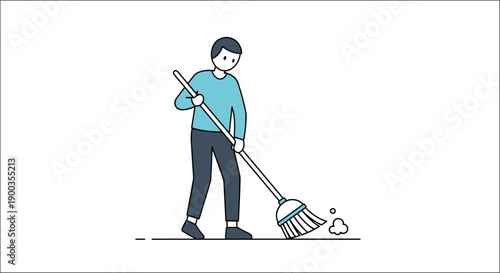 Man Sweeping Floor with Broom and Dustpan.