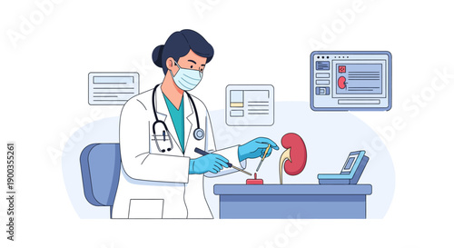 Female Doctor Performing Kidney Organ Examination. Nephrology Research, Urology Diagnosis, and Medical Science Illustration.