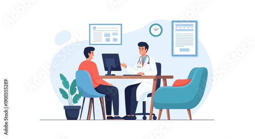 Doctor Consulting Patient in Clinic Office. Medical Check-up, Health Discussion, and Diagnosis. Flat Vector Illustration for Healthcare Appointment.