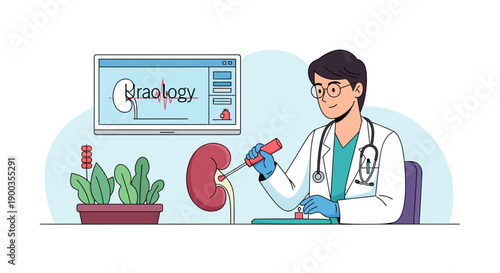 Urology Specialist Examining Kidney. Nephrology Research, Kidney Disease Diagnosis, and Treatment Concept Illustration.