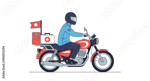 Medical courier riding a motorcycle carrying a first aid kit. Emergency transport and fast delivery service vector illustration on white background.