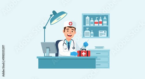 Friendly Male Doctor Illustration Working at Desk, Holding Syringe and First Aid Kit in Clinic Office for Treatment or Vaccination.