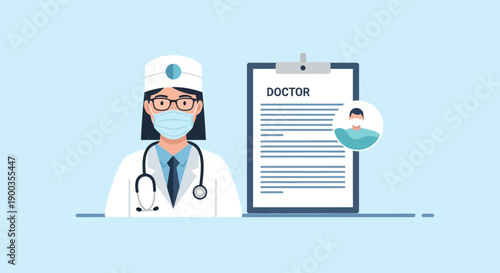 Doctor with Face Mask, Stethoscope, and Clipboard. Healthcare professional standing beside patient record illustration.