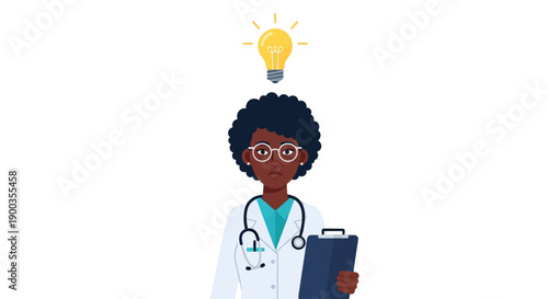 Black Female Doctor Has an Idea. Medical Innovation, Solution, or Research Breakthrough. Flat Vector Illustration.