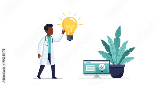 African American Doctor Holding Light Bulb. Medical Innovation, Healthcare Technology Solution, Research Breakthrough.