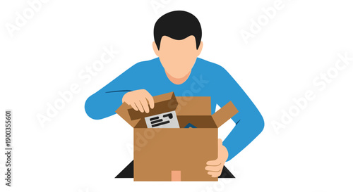 Man Unpacking Box with Documents Inside.