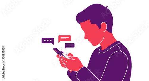 Man using smartphone with chat bubbles.