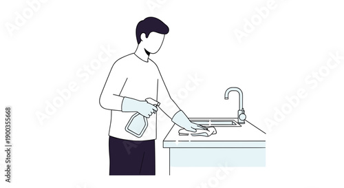 Man Washing Dishes in Kitchen Sink.