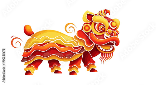 A vibrant illustration of a Chinese Lion Dance creature in red, gold, and orange hues with swirling patterns, set against a clean white background, symbolizing Chinese New Year celebrations.