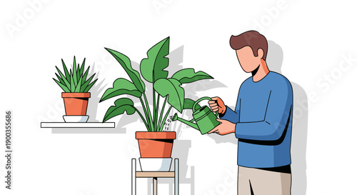 Man Watering Indoor Plants with Care.