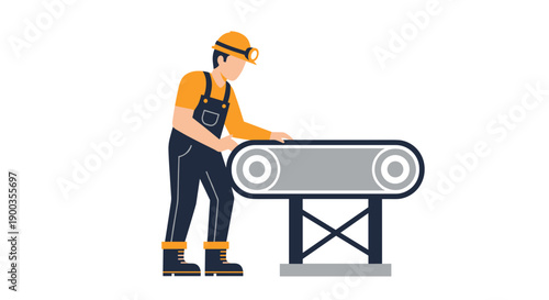 Man Worker Operating Industrial Conveyor Belt.
