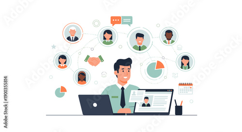 Man Working on Laptop with Social Media Icons.