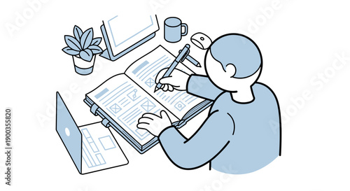 Man Writing in Notebook at Desk.