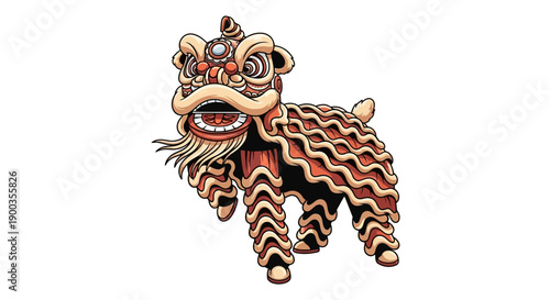 Vector illustration of a Chinese Lion Dance performance with a vibrant, red and gold Fire Horse design on a white background, symbolizing Chinese New Year 2026 celebrations.