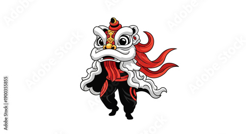 Illustration of a Chinese Lion Dance performer in red and gold costume with a white face, dancing on a plain white background with dynamic lines.