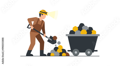 Miner Breaking Rocks with Jackhammer Near Cart.