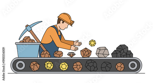 Miner Inspecting Coal on Conveyor Belt.