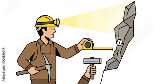 Miner Measuring Rock Formation with Tape.