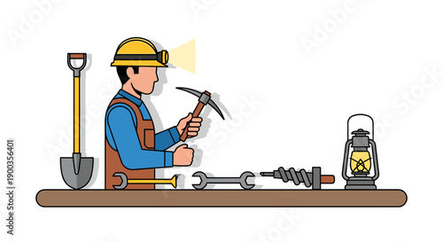 Miner with Tools in Hard Hat.