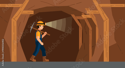 Miner Worker in Underground Tunnel Illustration.
