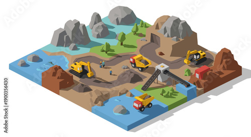 Miniature Construction Site with Vehicles and Rocks.