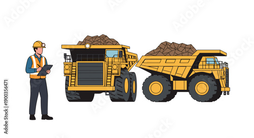 Mining Engineer Inspecting Heavy Dump Trucks.