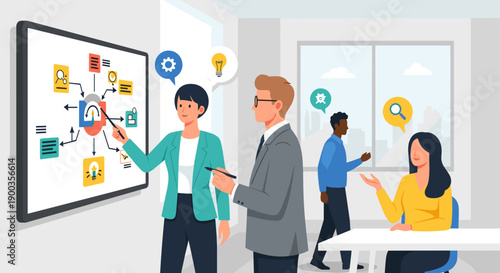 Team Discussing Project on Whiteboard.