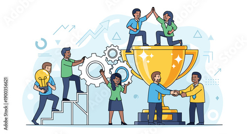 Team Celebrating Success with Trophy Illustration.