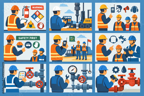 Industrial safety and compliance checklist with workers and warning signs