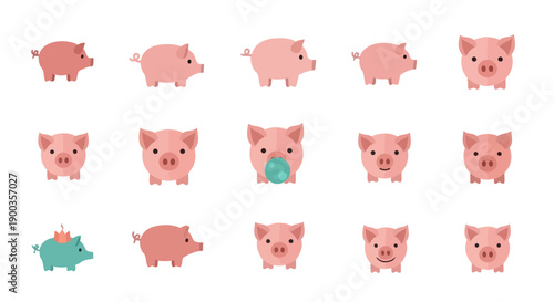 Collection of cute cartoon pink pigs and piggy banks in various poses on a white background, featuring different expressions and objects.