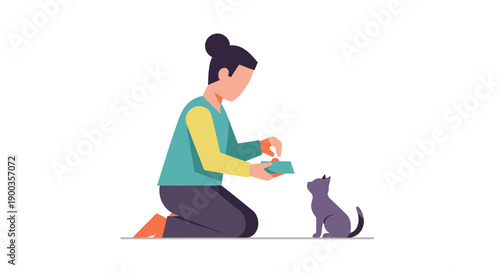 Woman Feeding Cat on Floor.