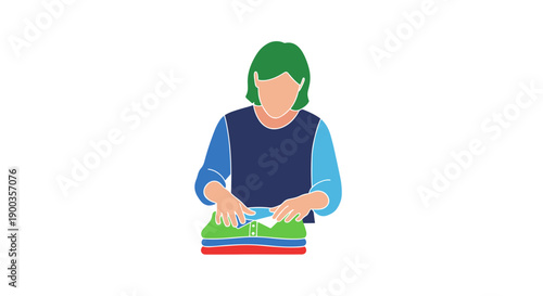 Woman folding and arranging fresh green clothes.