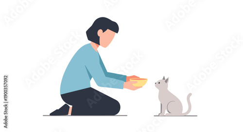 Woman Feeding Cat with Food Bowl.