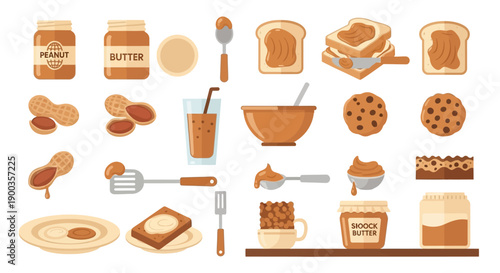 A vibrant collection of peanut butter-themed illustrations, featuring jars, spreads, sandwiches, cookies, and drinks, perfect for culinary or food-related designs.