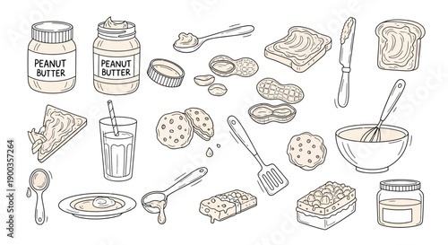 A charming hand-drawn illustration showcasing a delightful collection of peanut butter-themed food items and kitchen utensils, perfect for culinary inspiration.