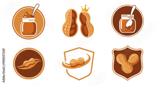 Collection of six circular and shield-shaped icons featuring peanuts and peanut butter in various artistic styles.