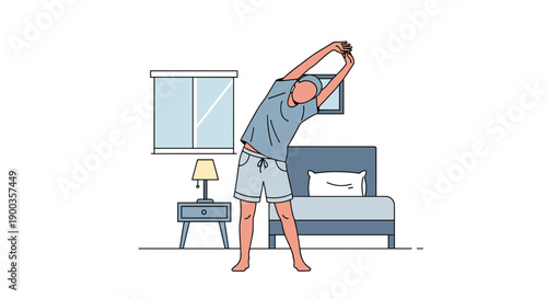 Woman Stretching in Bedroom with Hands Up.