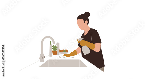 Woman washing dishes in kitchen sink.