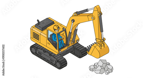 Yellow Excavator Machine with Operator Inside.