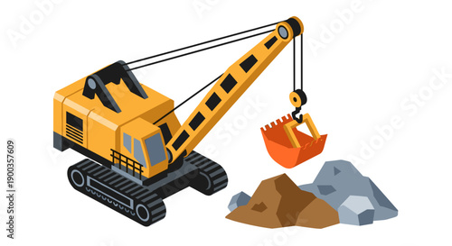Yellow Excavator Machine with Orange Bucket.