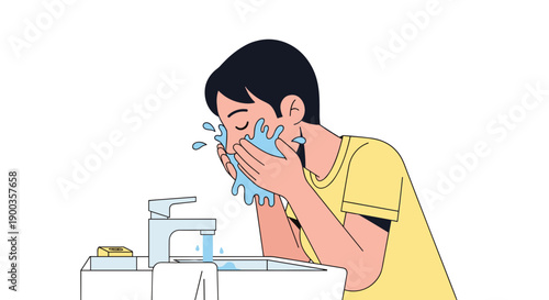 Young man washing face with water.
