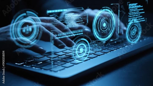 Futuristic Laptop Keyboard Typing Hands Closeup.