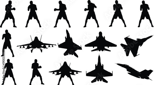 boxing, fighter, silhouettes, jet, aircraft, military, combat, power, strength, action, sport, aviation, war, competition, black, white, illustration, concept, set, design