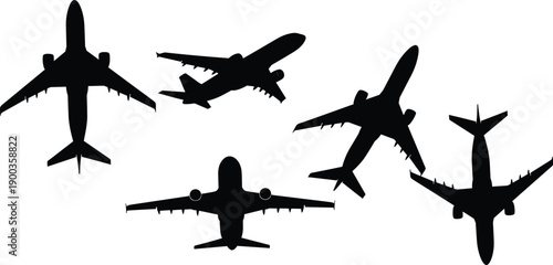 airplane, silhouettes, aircraft, flying, aviation, passenger, jet, transport, travel, airliner, black, white, vector, illustration, collection, top, side, view, isolated, design