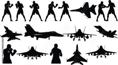 boxing, fighter, silhouettes, military, jet, aircraft, combat, strength, power, conflict, aviation, sport, war, competition, action, black, white, illustration, concept, design