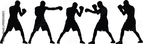 boxing, silhouette, fighters, training, combat, sport, punch, athlete, strength, fitness, fight, martial, arts, competition, black, white, vector, illustration, isolated, background