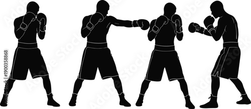 boxing, fighters, silhouettes, punches, stance, training, combat, sport, strength, power, action, competition, gloves, athlete, fitness, black, white, vector, illustration, design