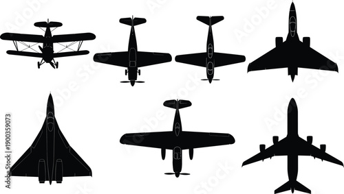 Aircraft, silhouettes, collection, airplanes, top, view, aviation, transport, military, passenger, jet, plane, black, white, vector, illustration, flight, technology, design, set